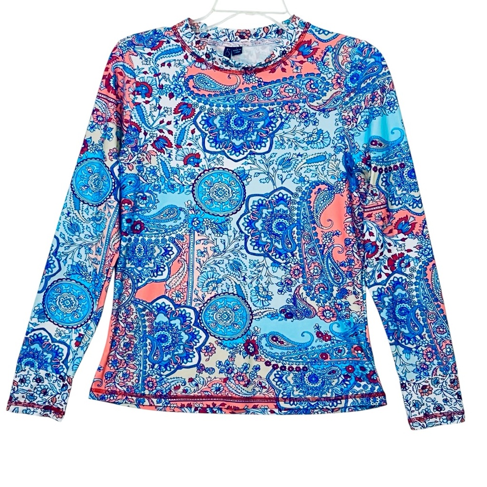 Aqua et Sol Swim Top Rash Guard Blue Paisley Floral Print Long Sleeve Sz L